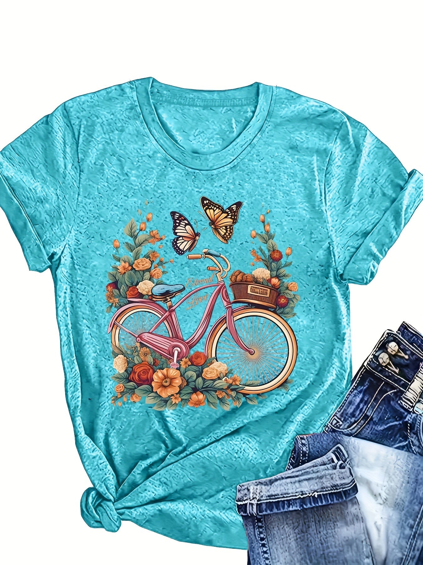 Women's Turquoise Short Sleeve T-Shirt Breathable Casual Top with Floral Print
