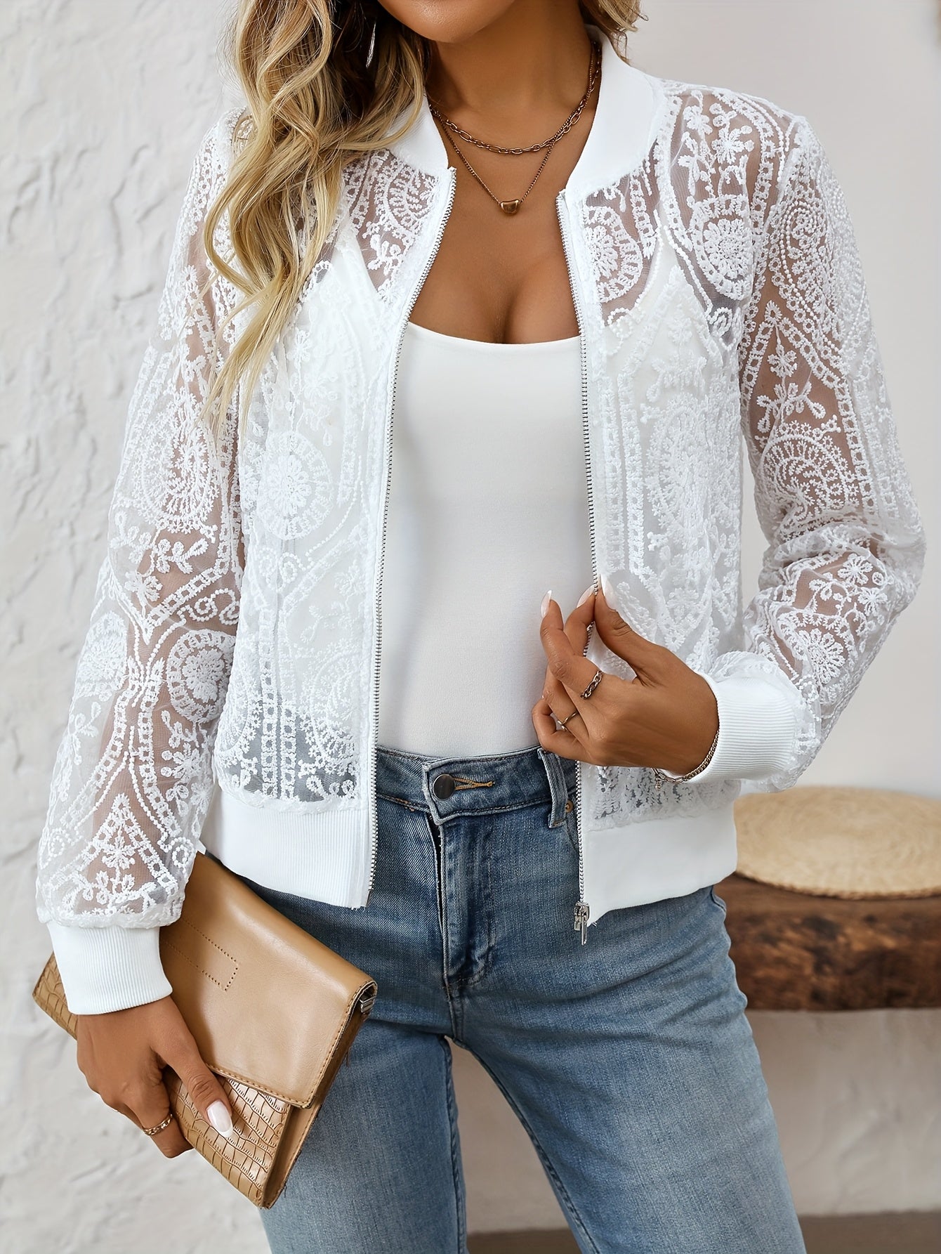Women's Embroidered Long Sleeve Zipper Jacket Polyester Knit Solid Color Spring Fall Casual
