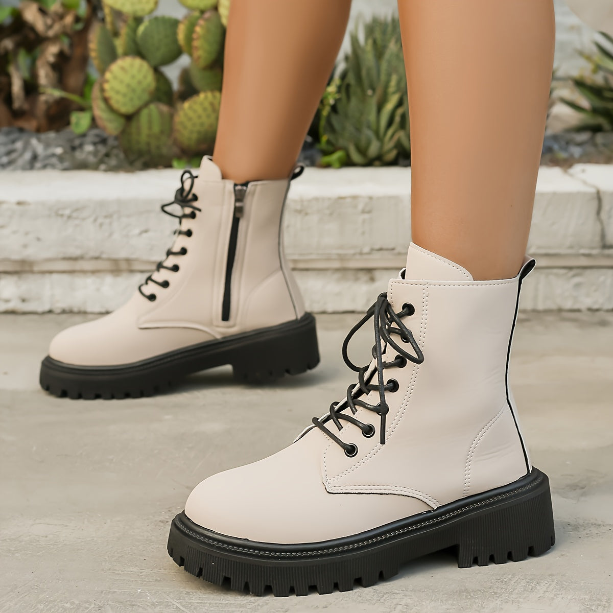 Women's Black Faux Leather Ankle Boots With Lace-Up Mid-Heel Non-Slip Sole