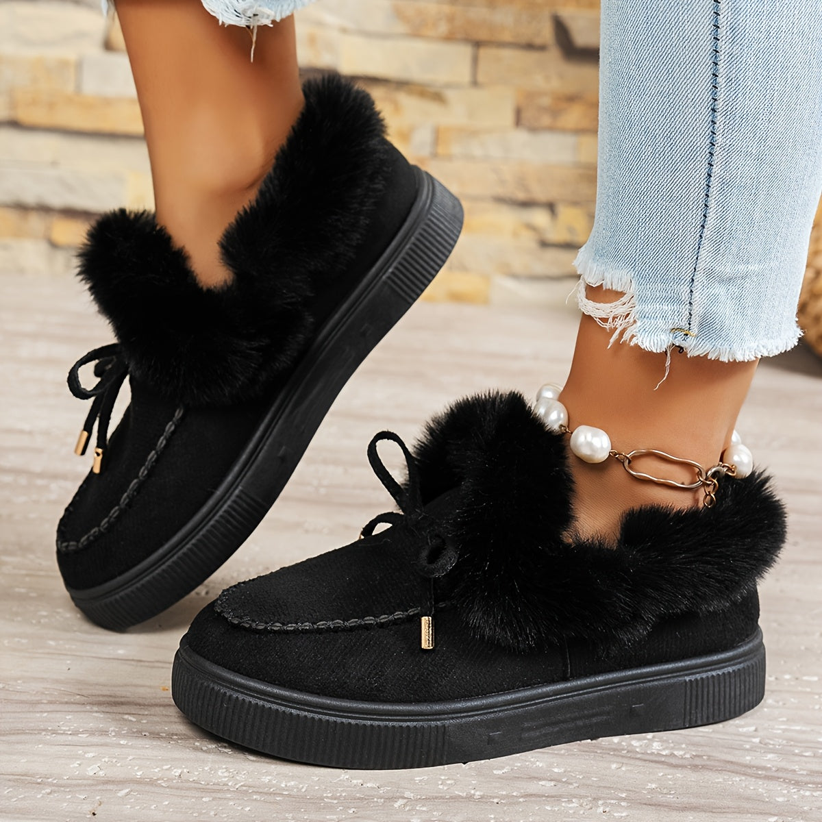Women's Faux Fur-Lined Winter Loafers Slip-On Shoes with Leopard Print