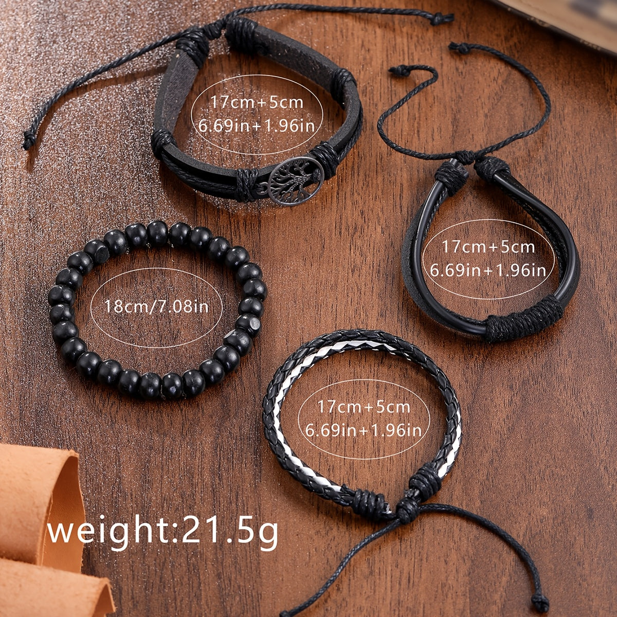 Men's Quartz Watch Set with Black Faux Leather Strap and Four Bracelets