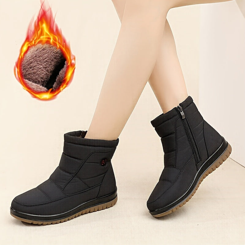 Women's Fleece-Lined Winter Boots - Black Slip-Resistant PU Sole Outdoor