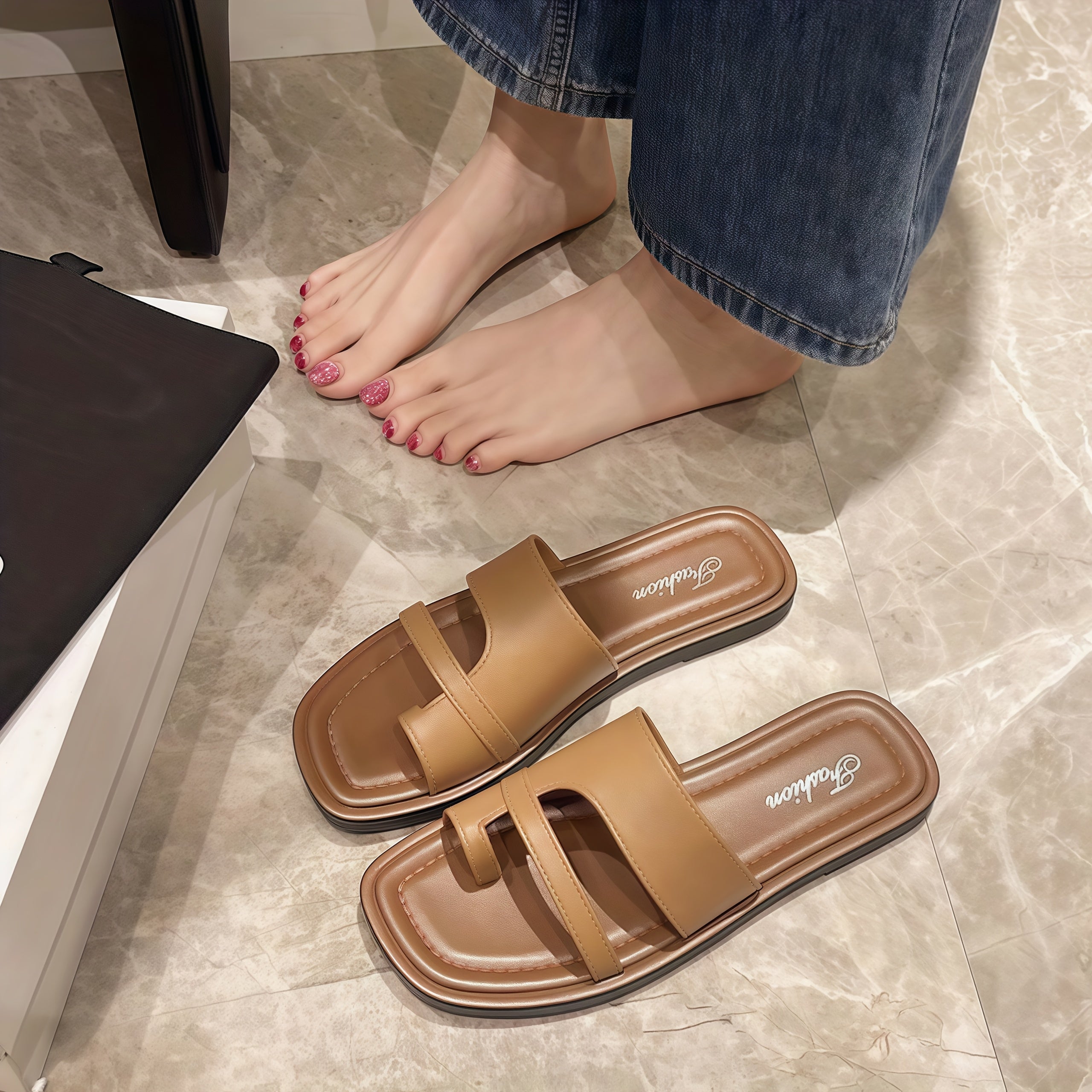Women's Flat Sandals Open Toe Summer Slides Brown TPU Casual Beach