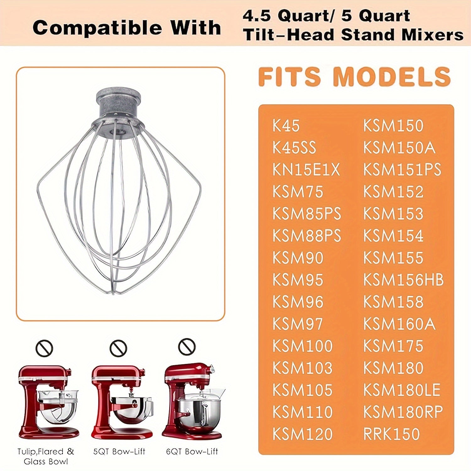 4.5 Quart Wire Whip and Beater Set for Tilt-Head Stand Mixers with Flat Coated Paddle and Silicone Edges