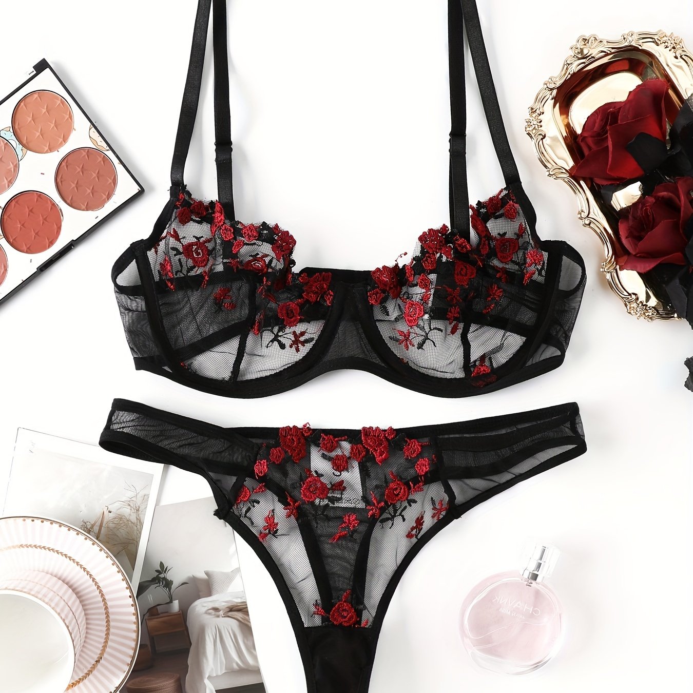Women's Floral Embroidered Semi Sheer Lingerie Set with Bra and Thong