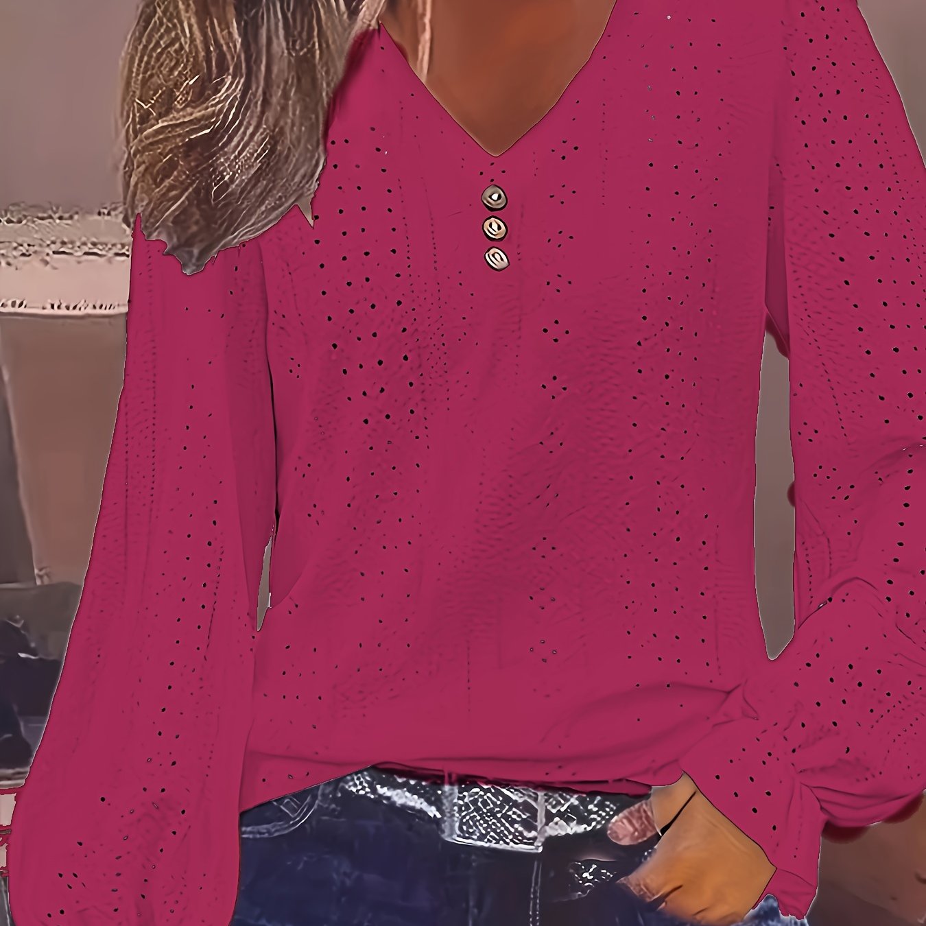 Plus Size Eyelet Button Decor T-Shirt Casual V Neck Long Sleeve Top