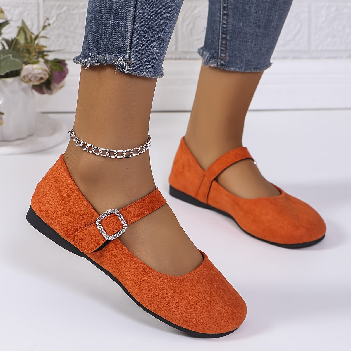 Ayollar Mary Jane tuflari, rhinestone tokchali, yashil, yengil fleece, qulay