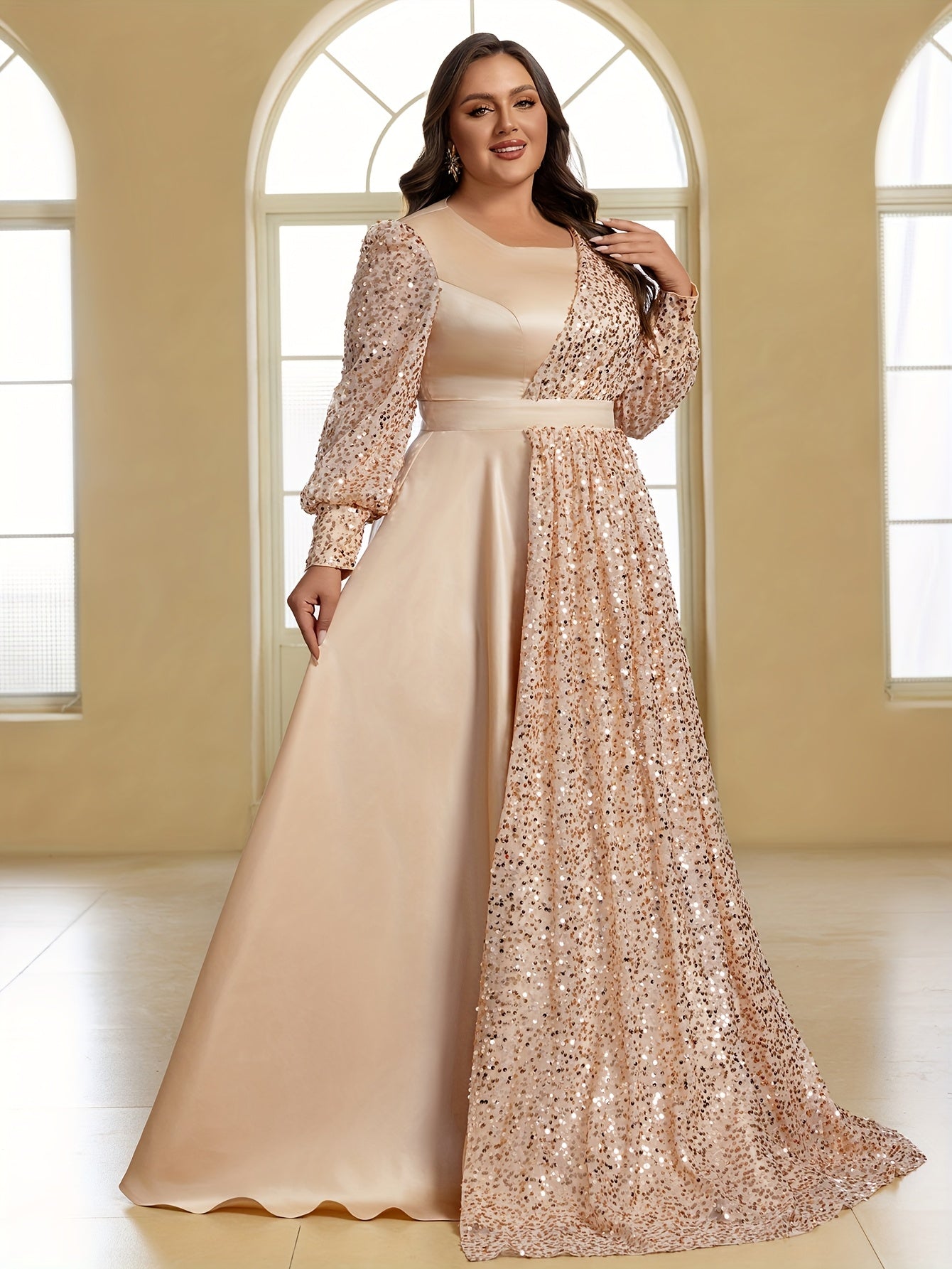 Plus Size Formal Evening Dress Satin Sequin Lantern Sleeve Gown