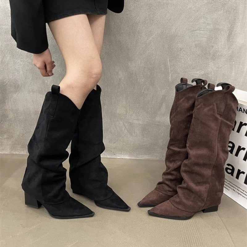 Women’s Faux Leather Chunky Heel Ankle Boots Brown Pointed Toe All-Season