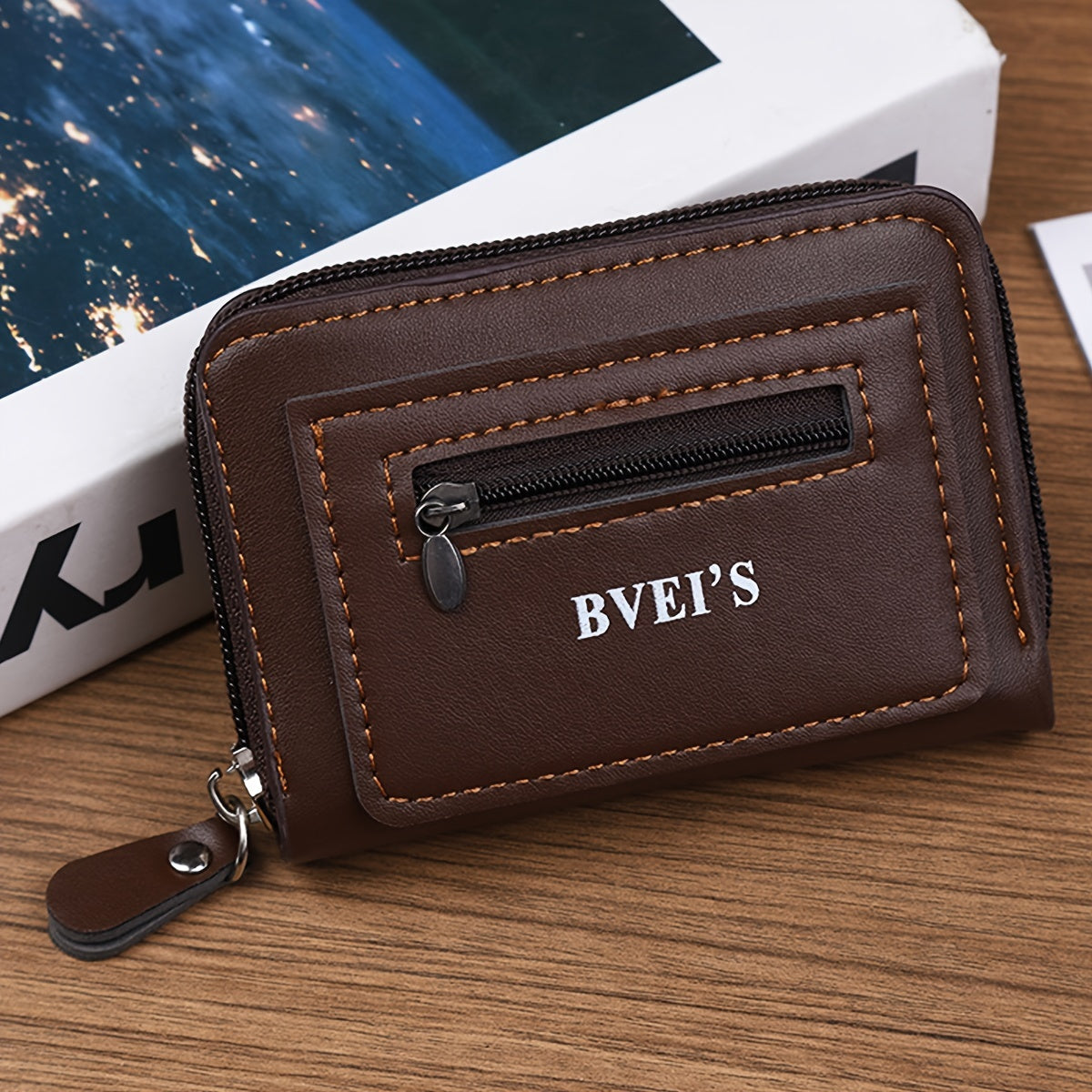 Men's PU Leather Wallet with Card Slots Zipper Coin Pocket Solid Color