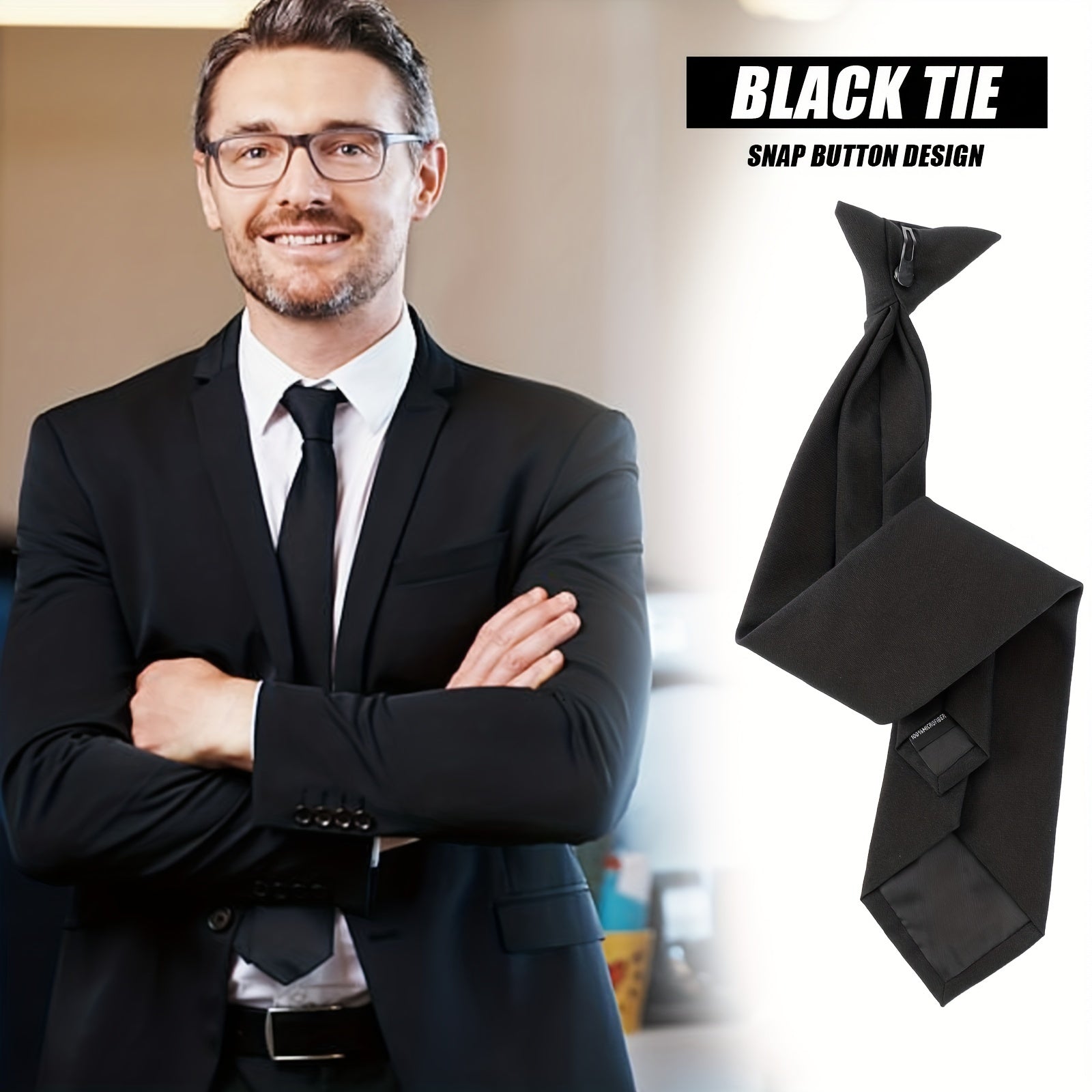 Set of 2 Men's Black Clip-On Neckties for Business Weddings and Formal Wear