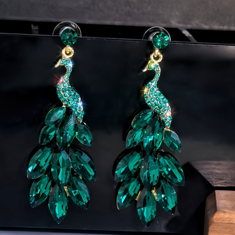 Peacock Crystal Drop Earrings Gold Plated Alloy Rhinestones Silver Studs Green Red Women
