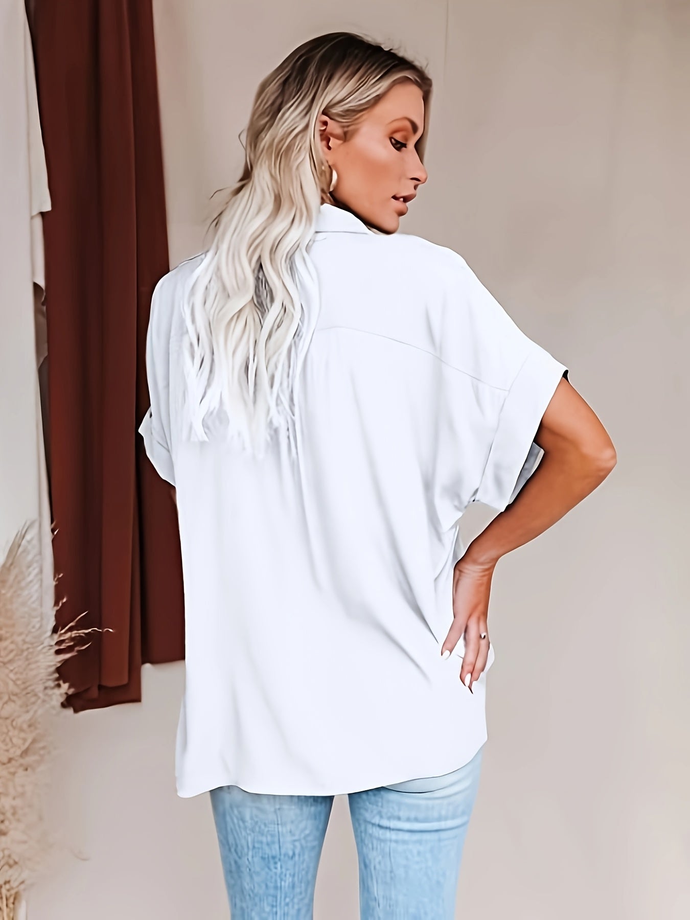 Women's Plus Size Batwing Sleeve Button-Up Shirt White Lightweight Polyester Casual Dressy
