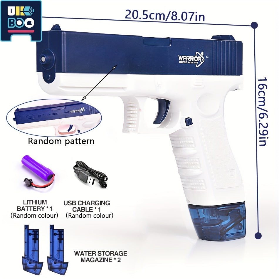 UKBOO elektr suv quroli ko'k va oq rangda, 500mAh lityum batareya bilan qayta zaryadlanadigan. Yozgi basseyn va plyaj partiyalari, shuningdek, kattalar yig'ilishlari uchun mukammal. Qiziqarli va yoqimli suv quroli o'yinchoq.