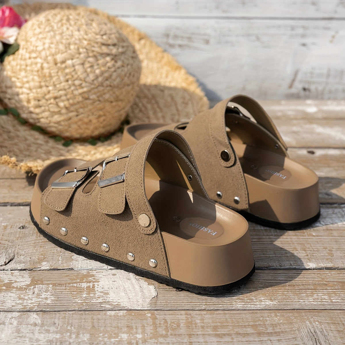 Women's Summer Faux Leather Open Toe Sandals with Thick Sole and Double Buckle Straps