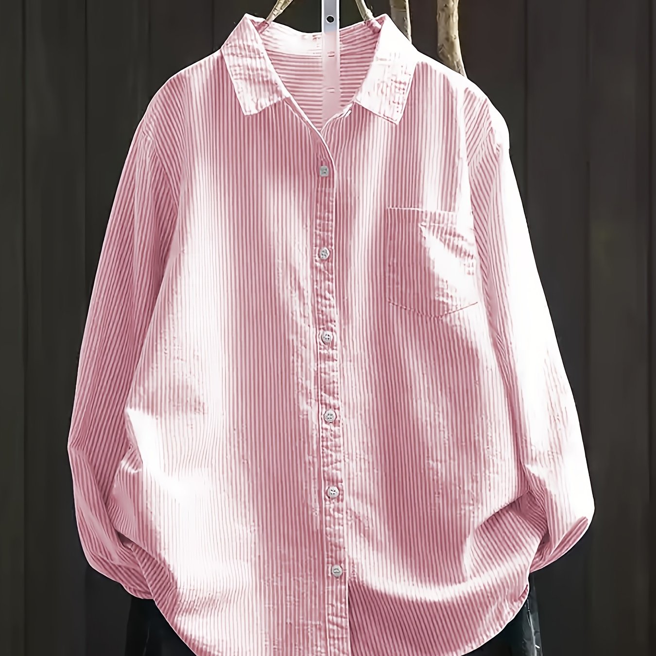 Plus Size Women's Striped Loose Fit Shirt Long Sleeve Button-Up Green White Vertical