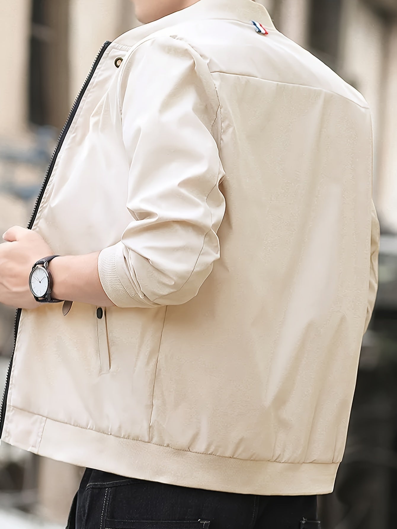 Мужская полиэстеровая куртка на молнии с однотонным воротником-стойкой для весны и осени