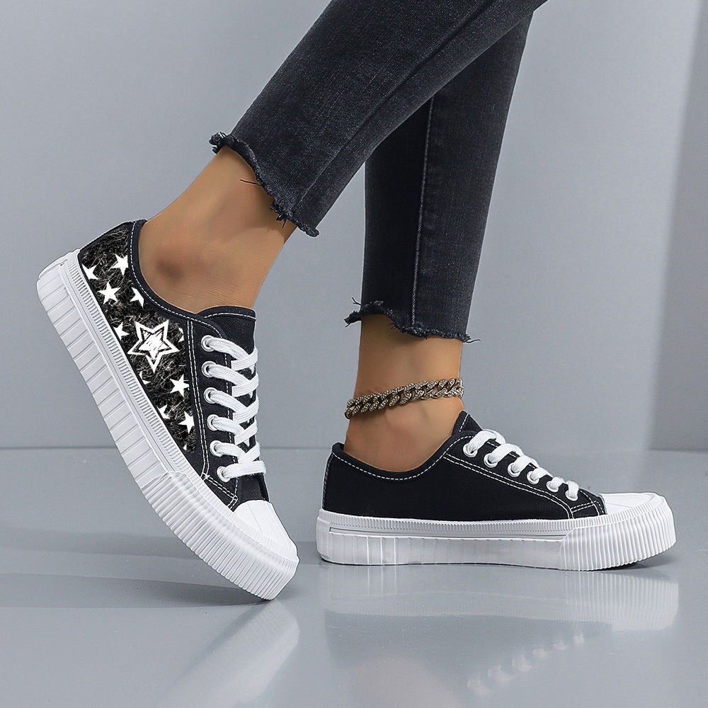 Women's Black White Star Print Casual Sneakers Low-Top Lace-Up Skate Shoes