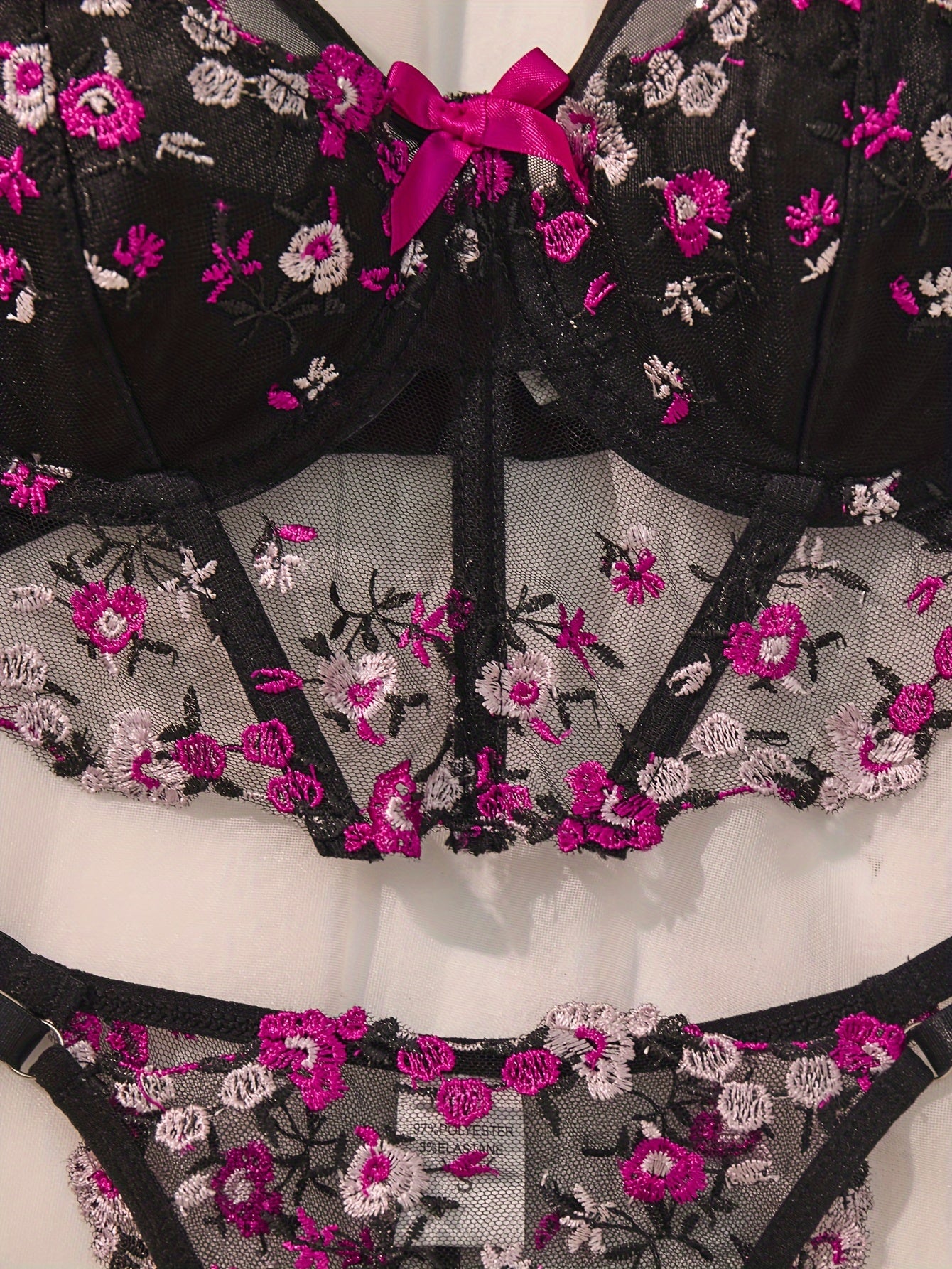 Black Floral Embroidered Lingerie Set with Sheer Mesh Bra and Low-Rise Thong