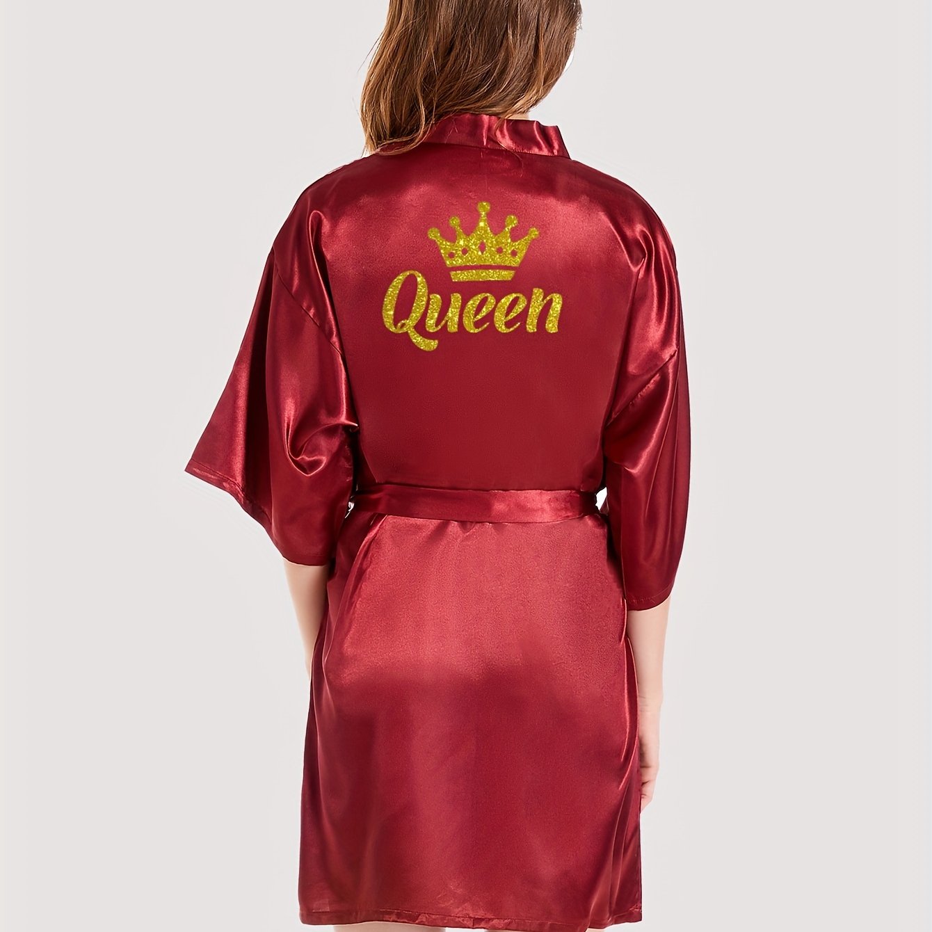 Women's Night Robe with Queen Letter Pattern V-Neck 3/4 Sleeves Belt Polyester