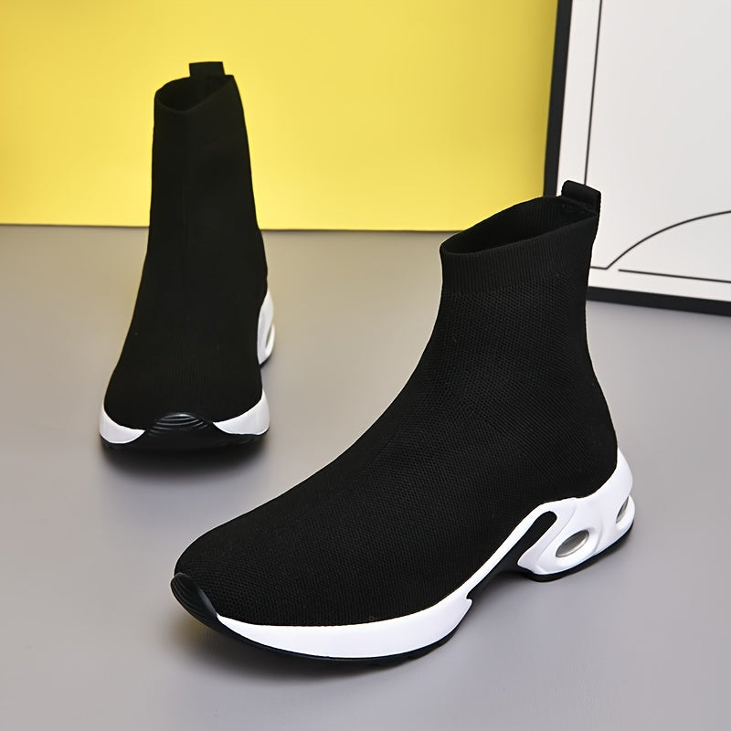 Women's High-Top Knit Sock Sneakers Breathable Air Cushion Casual Black White