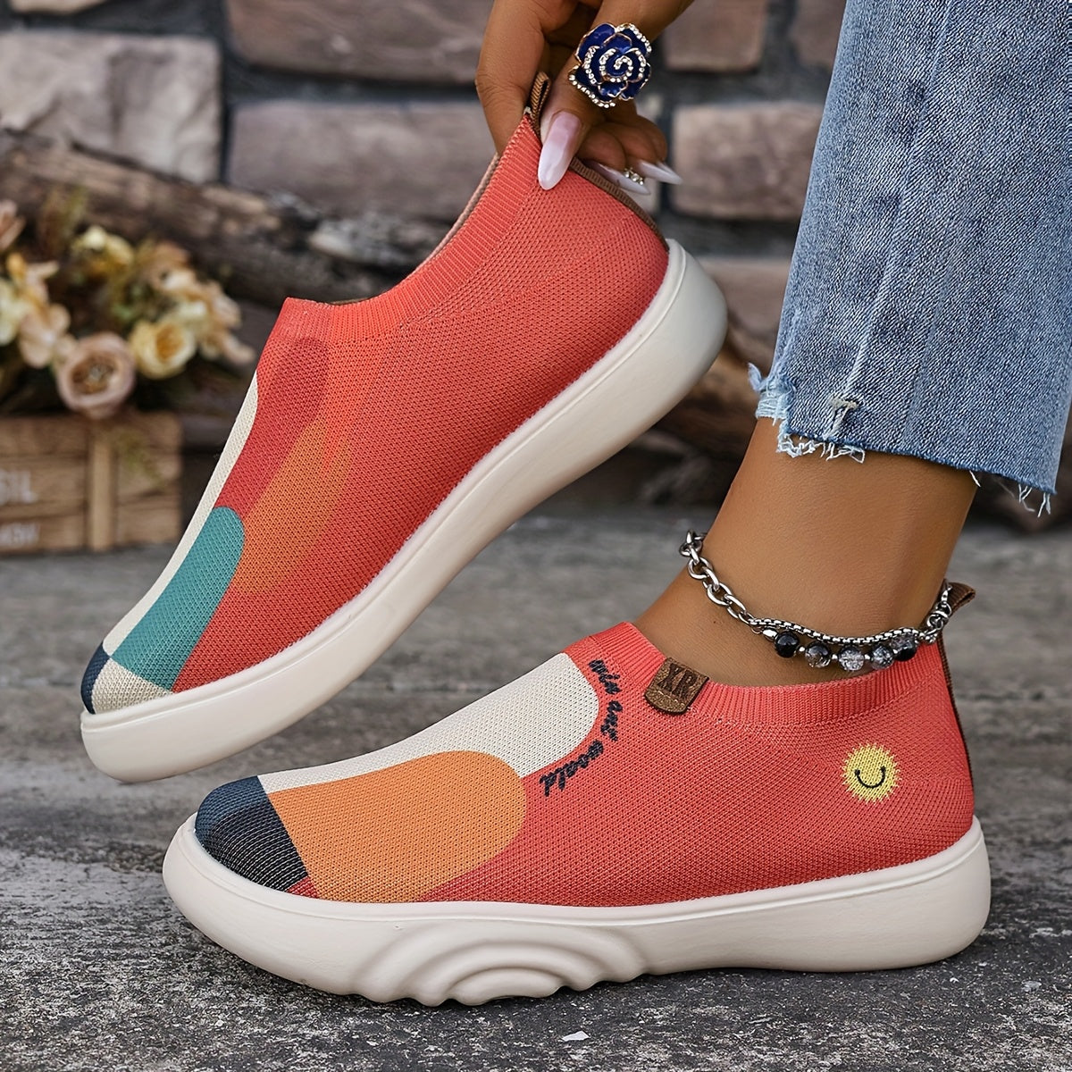 Women's Slip-On Sneakers with Colorful Block Heel Casual Shoes