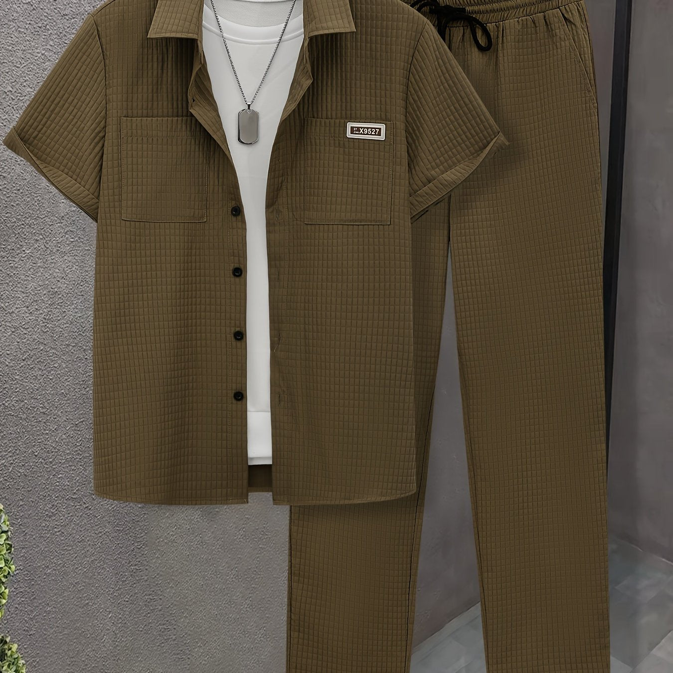 Men's Casual 2-Piece Outfit Solid Color Short Sleeve Shirt Drawstring Pants