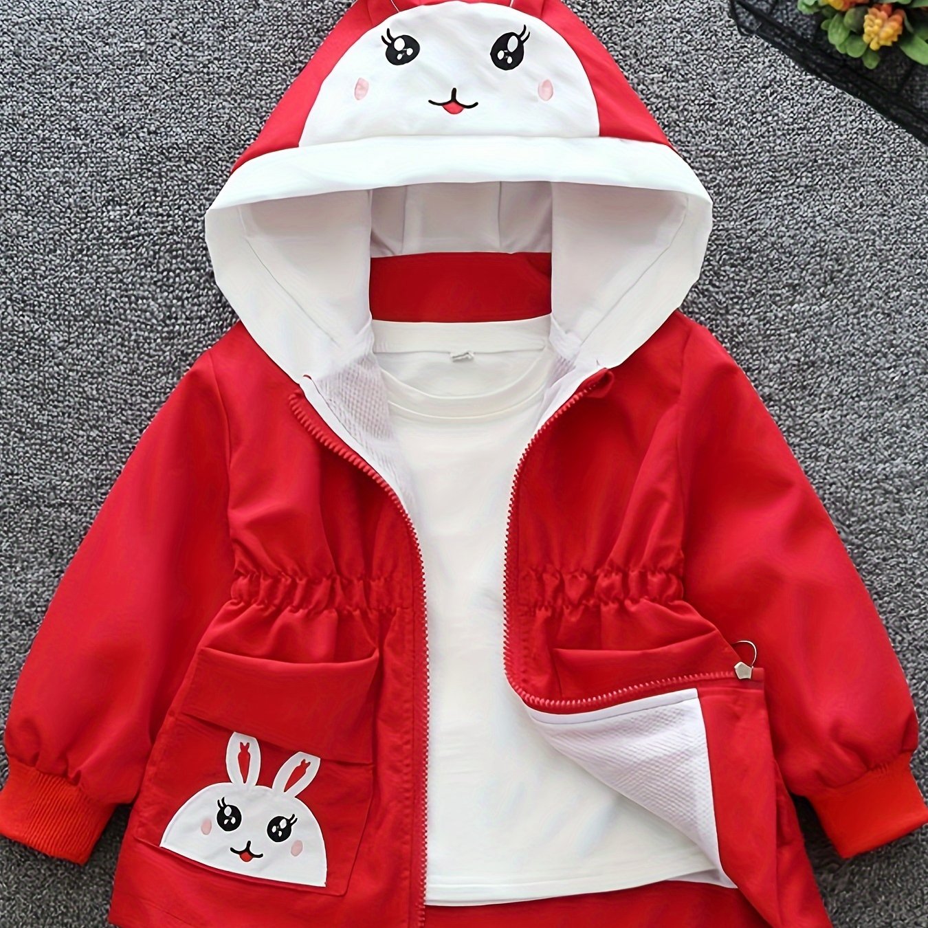 Girls' Pink Bunny Windbreaker Jacket Long Sleeve Spring Fall Non-Stretch Polyester Blend