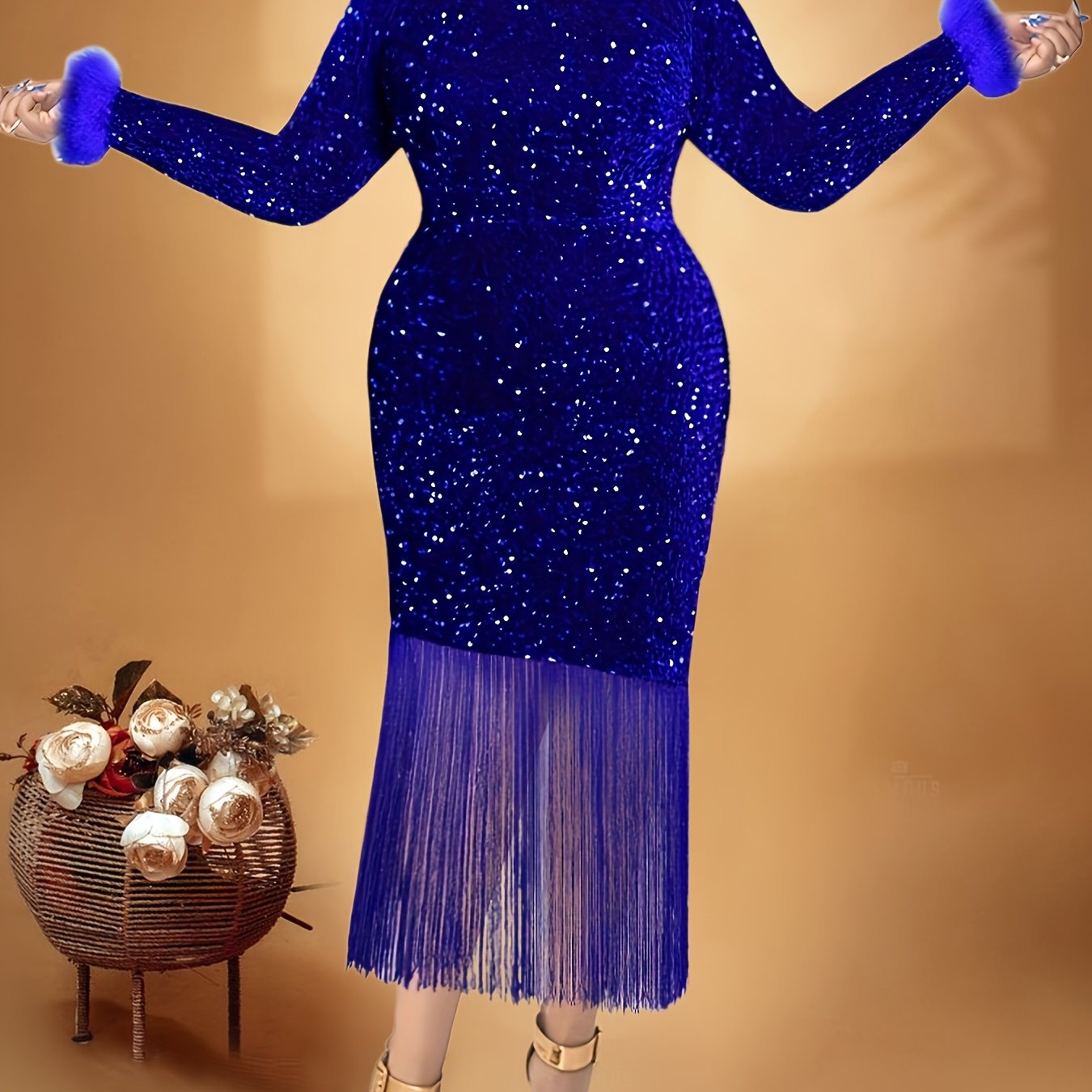Plus Size Sequin Fringe Hem Bodycon Dress Long Sleeve Party Banquet