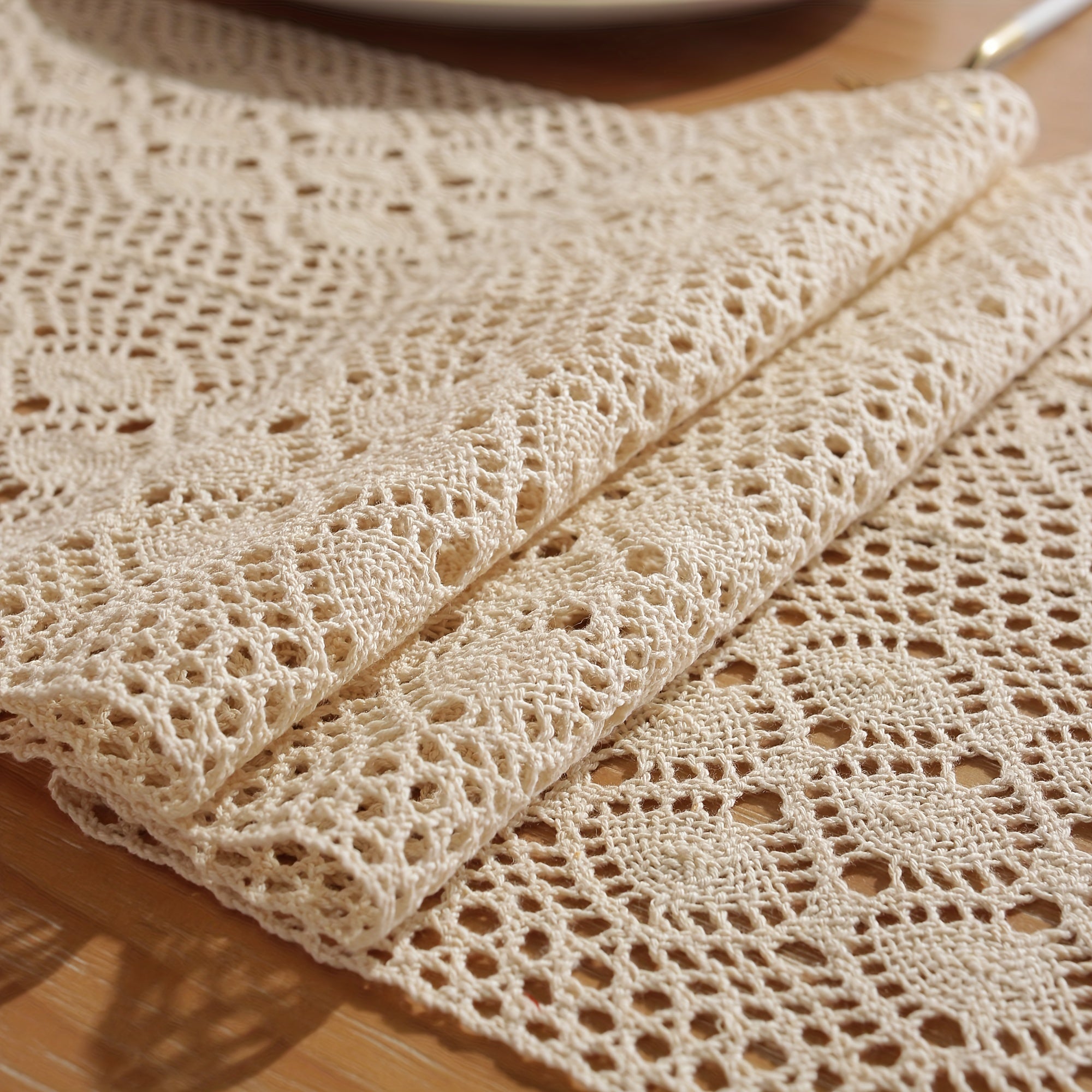 Beige Cotton Linen Crochet Table Runner with Geometric Rhombus Pattern