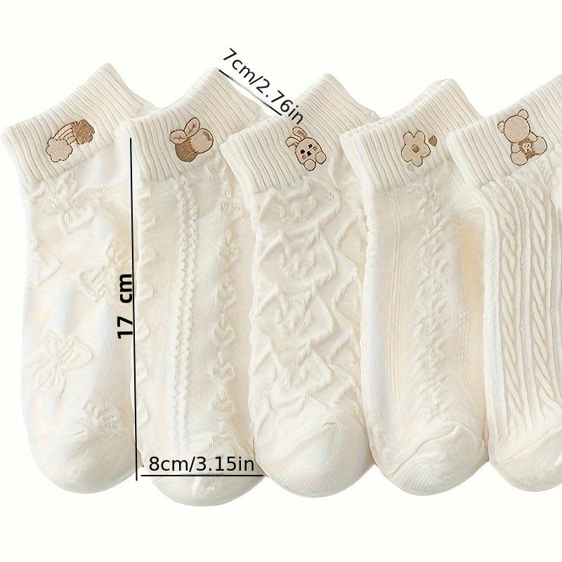 Women's Ankle Socks 5 Pairs Breathable Knit Short Socks Cartoon Patterns Embossed