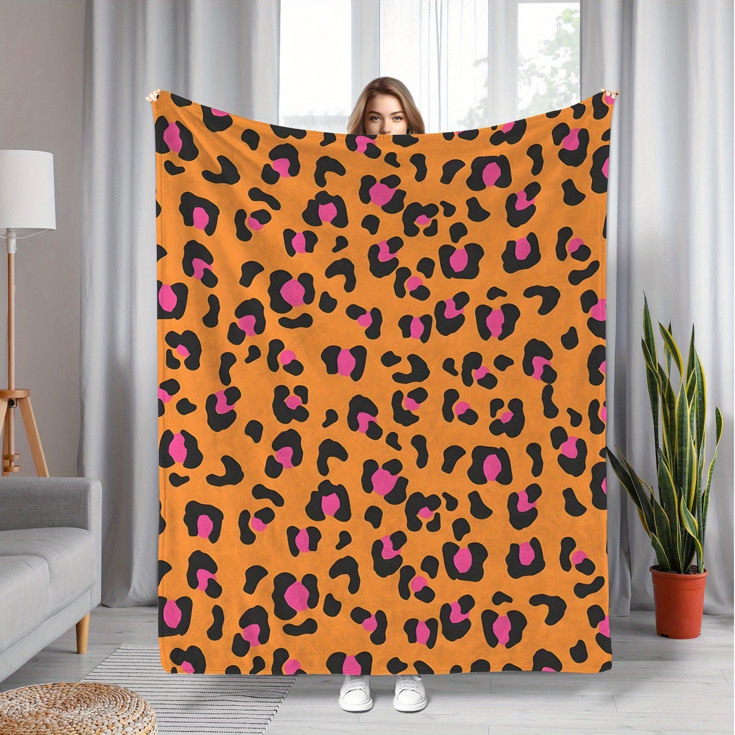 Cozy Flannel Fleece Blanket with Digital Orange Leopard Print for All Seasons