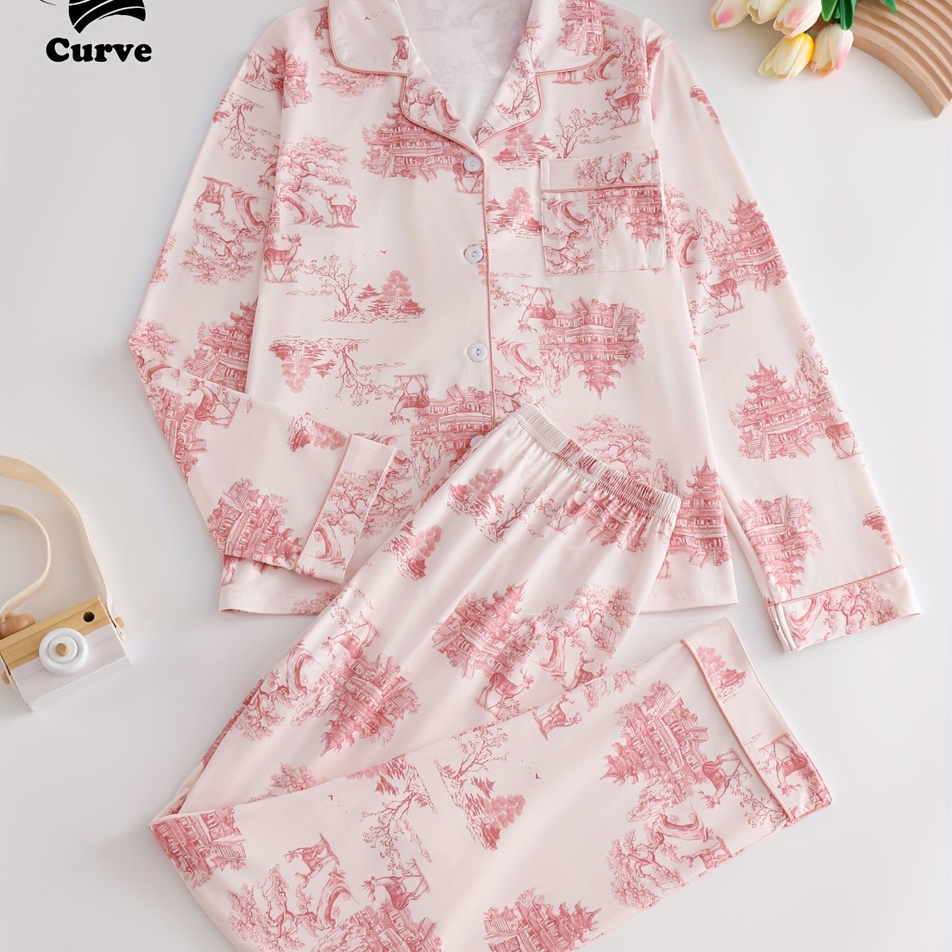 Plus Size Women's Pajama Set with Ink Painting Design Long Sleeve Button-Up Top and Cozy Pants