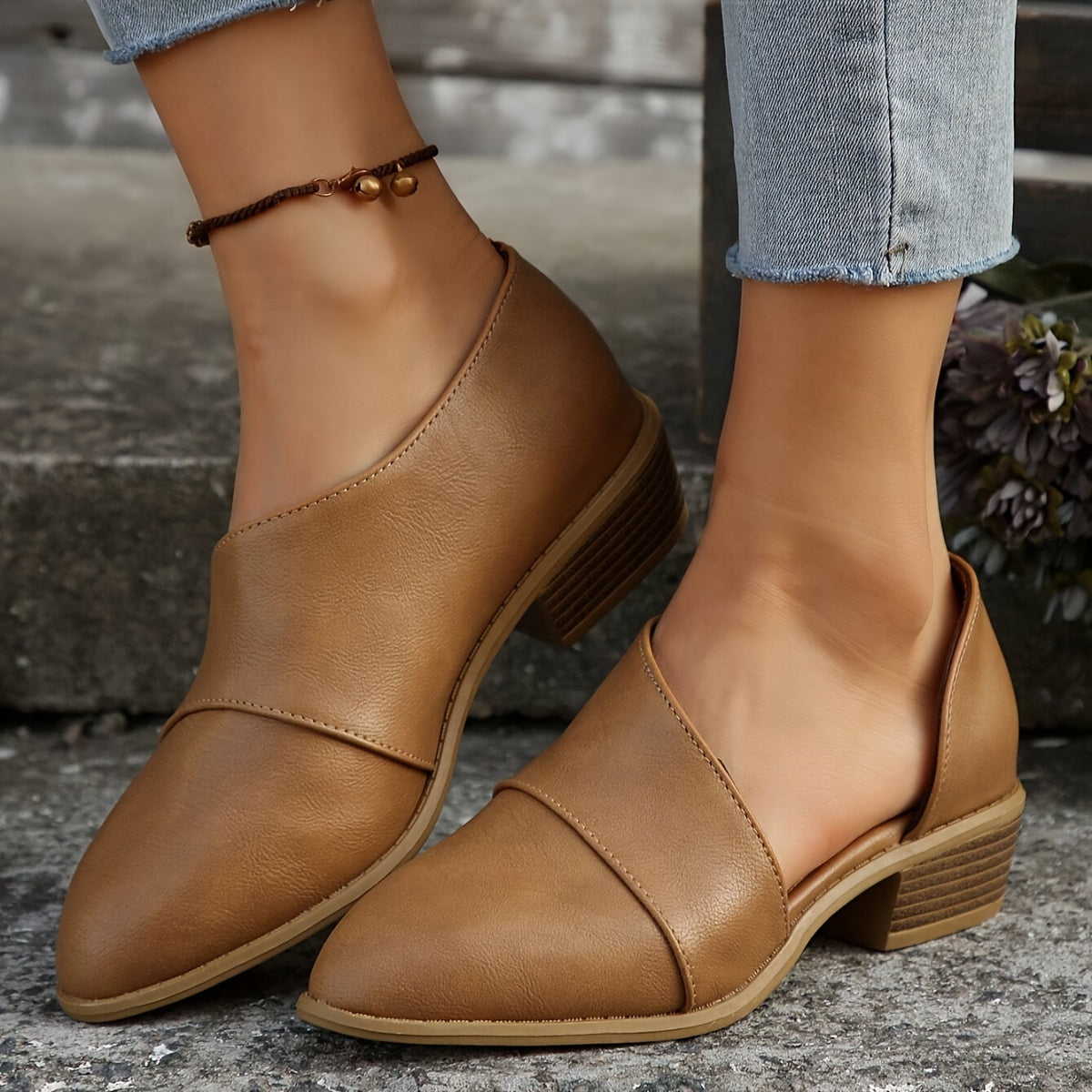 Women's Slip-On Pointed Toe Ankle Boots with Chunky Heel and Cut-Out Design