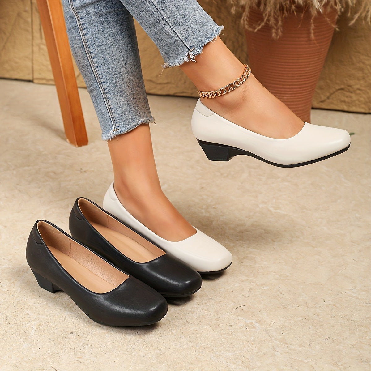 Women’s Black PU Cover Chunky Heel Square Toe Work Shoes