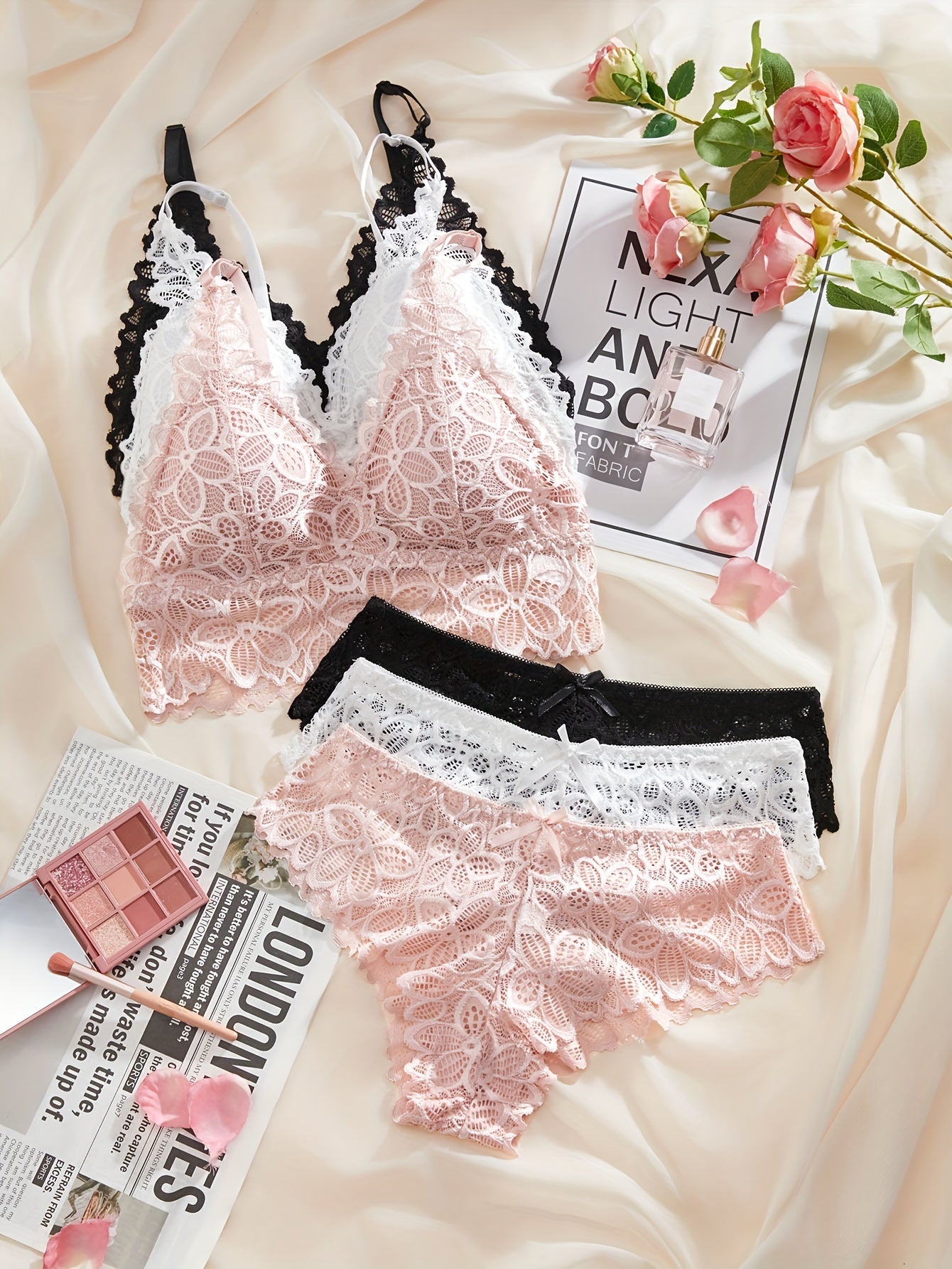 Women's Lace Lingerie Set with Bra and Panties Solid Color Non-Transparent 6-Piece