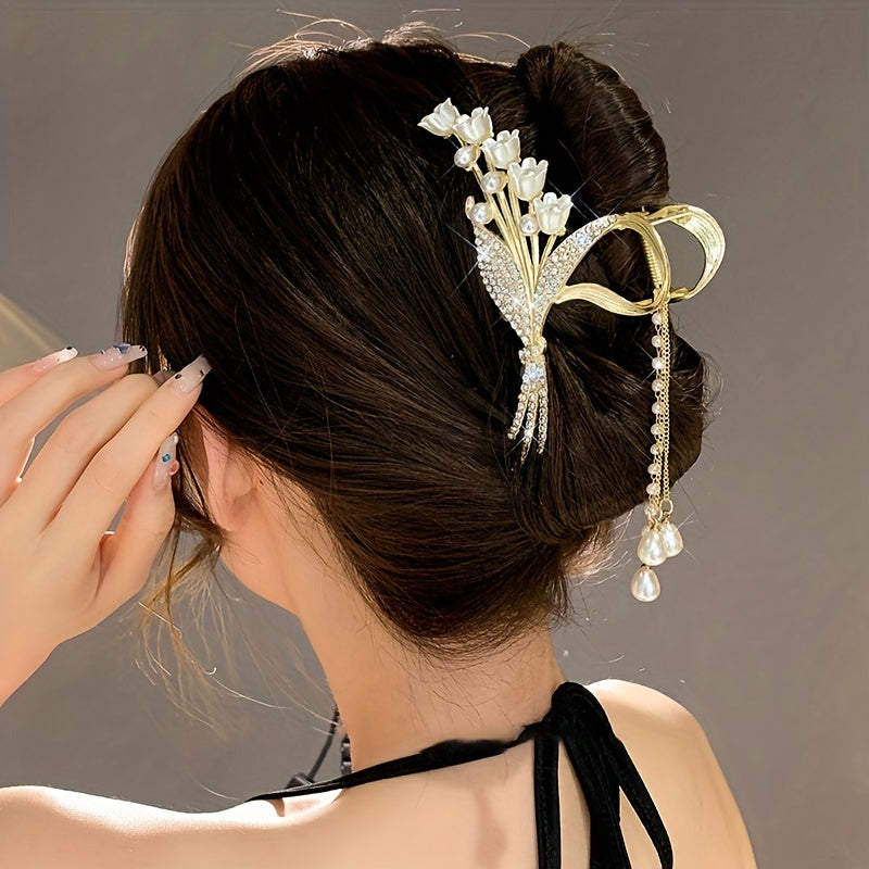 Elegant Gold Alloy Hair Claw with Faux Pearls Rhinestones and Tassel for Women