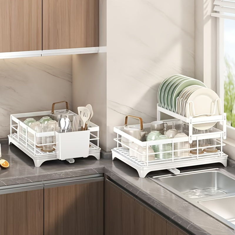 Black Iron 2-Tier Kitchen Dish Rack with Drainboard Utensil Holder and Foldable Design