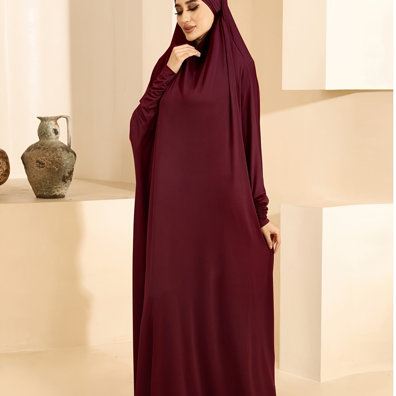 Plus Size Women Jersey Ramadan Abaya Batwing Sleeve Solid Color Islamic Dress