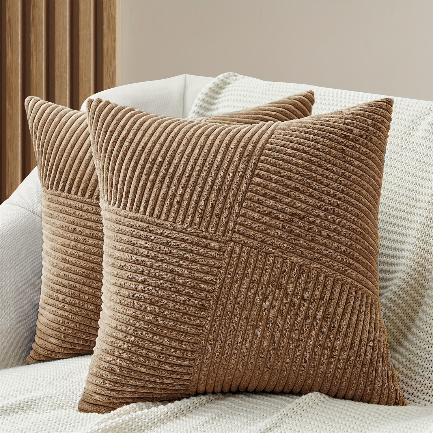 Bohemian Style Corduroy Throw Pillow Covers 2-Pack 45.72x45.72 cm Zippered Polyester Square Cushion Cases for Sofa Bed
