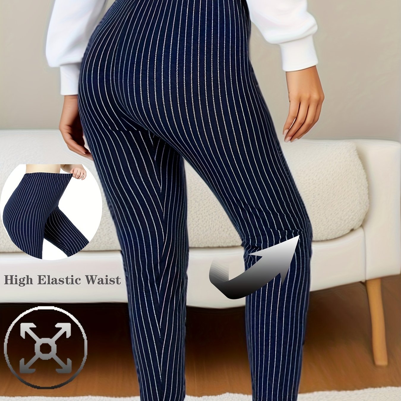 Women’s High Waist Striped Polyester Spandex Leggings Cropped Skinny Pants