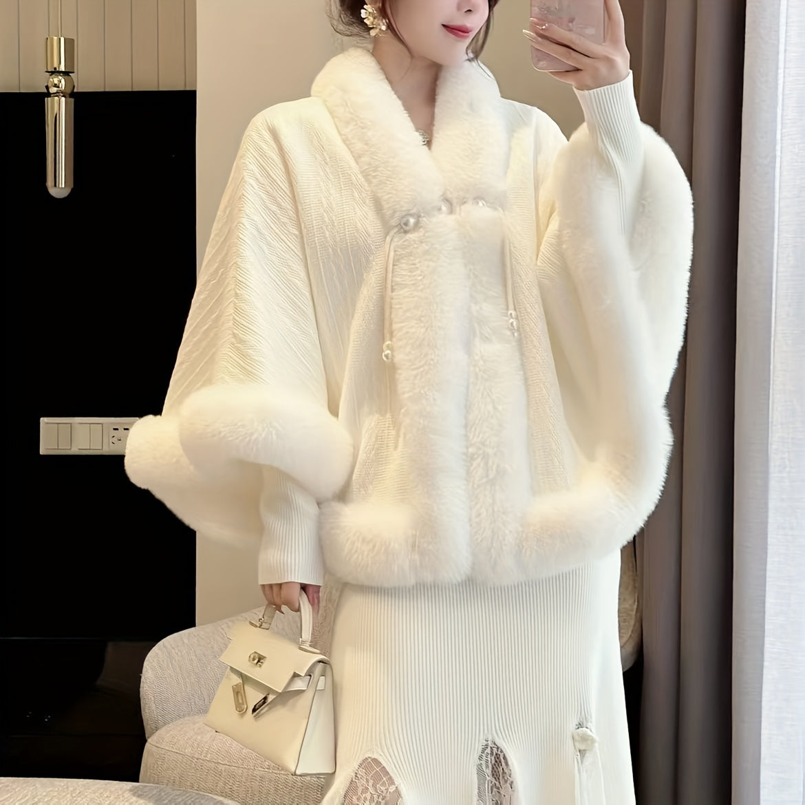 White Faux Fur Cape with Pearl Accents for Winter Elegant Shawl for Formal Occasions