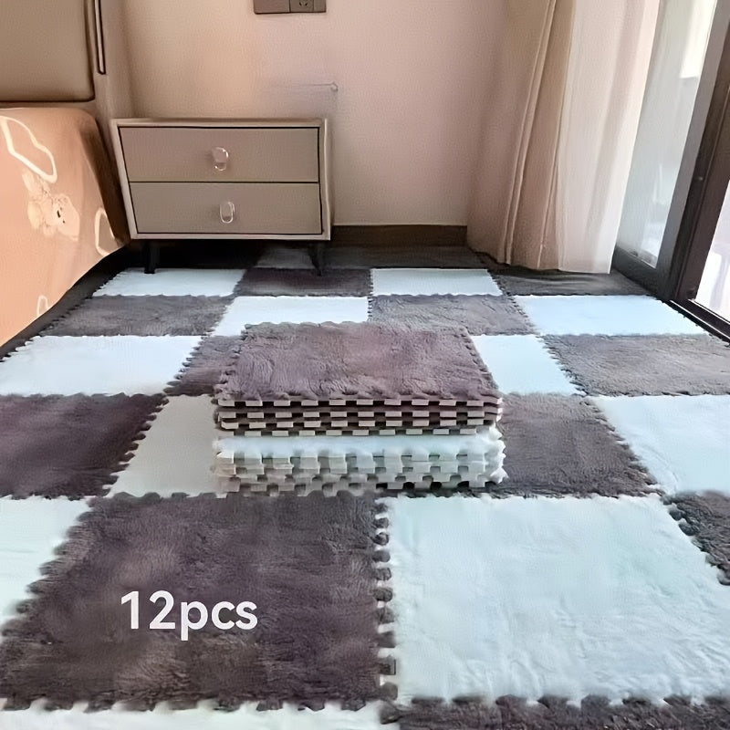 12pcs Square Flower Pattern Plush Area Rugs Set Washable Non-Slip Low Pile Polyester EVA Bedroom Living Room Decor