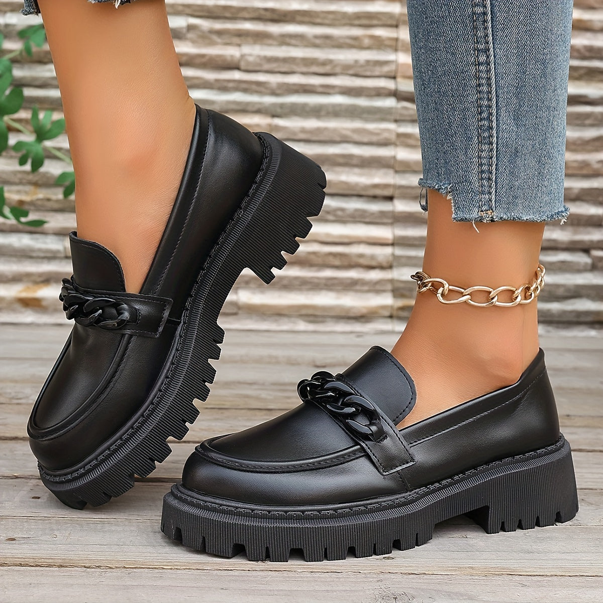 Women’s Black Loafers with Bow Slip-On Platform Casual Shoes