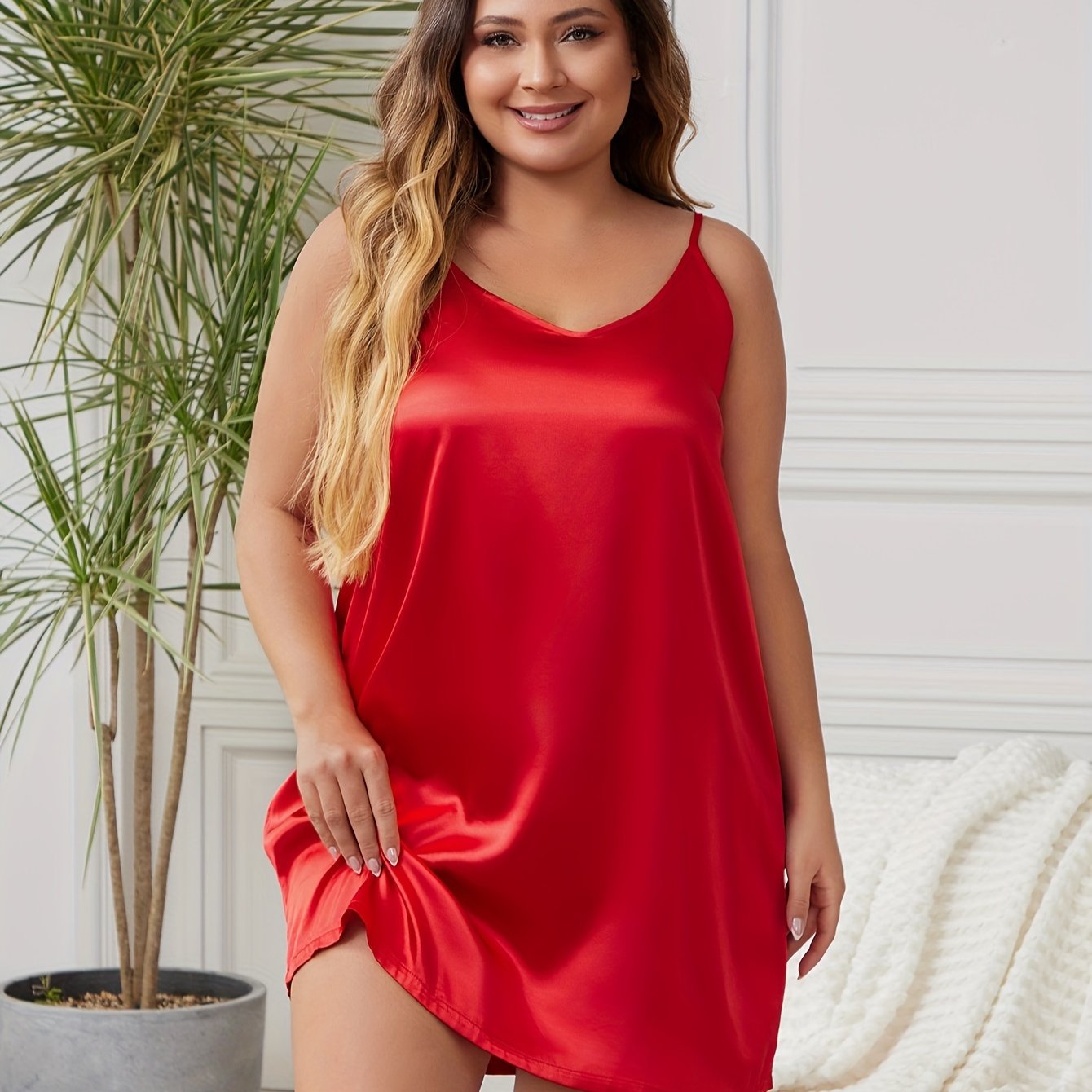 Vestido de dormir de satén para mujer talla plus con escote en V