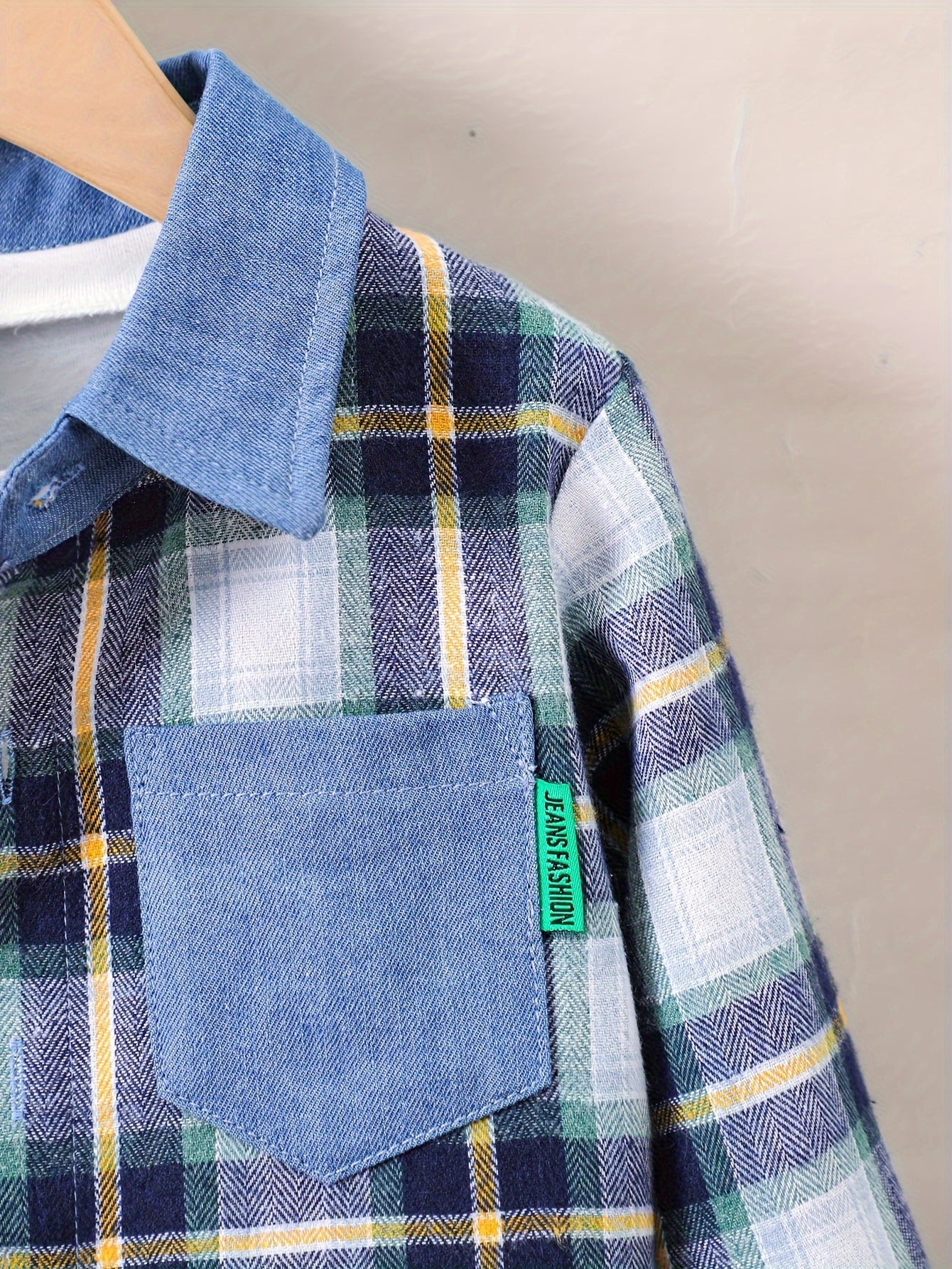 Camisa de mezclilla de manga larga a cuadros para niños, corte regular, para todas las estaciones, de poliéster y algodón tejidos