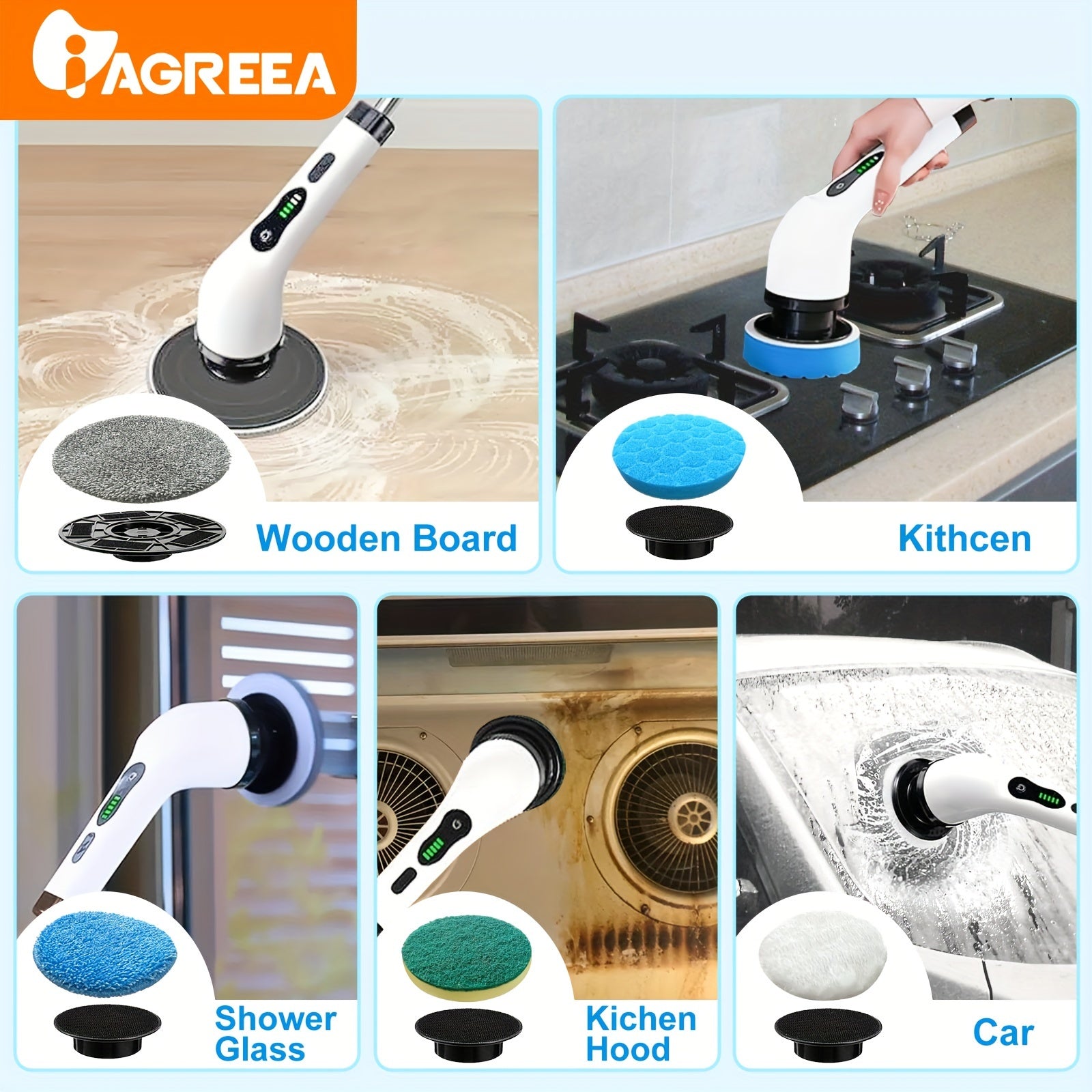 Electric Rotary Floor Scrubber with Wireless, 8 Brush Heads, Adjustable Handle