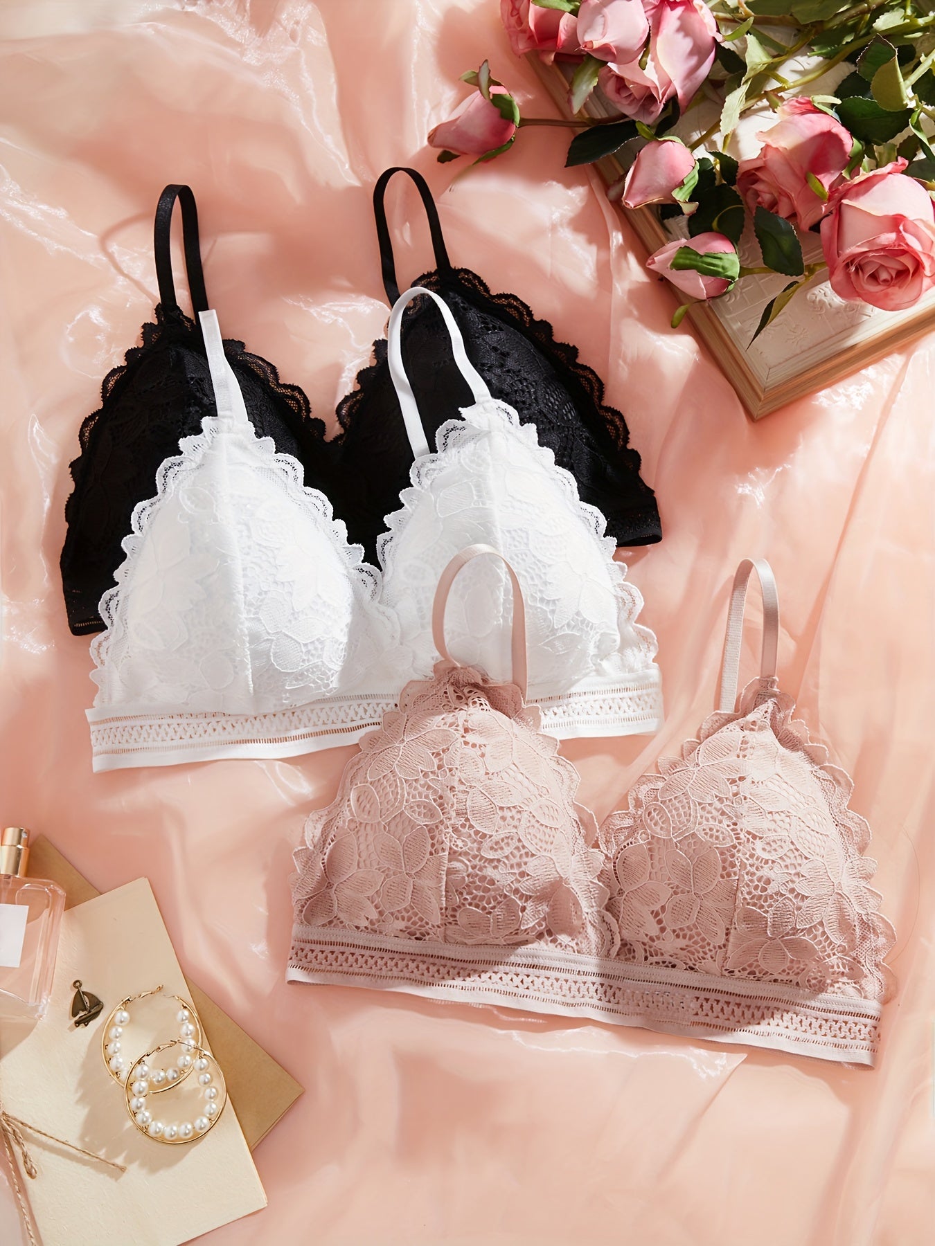 Women's Floral Lace Wireless Bra Set 3 Pieces Comfortable Breathable Lingerie