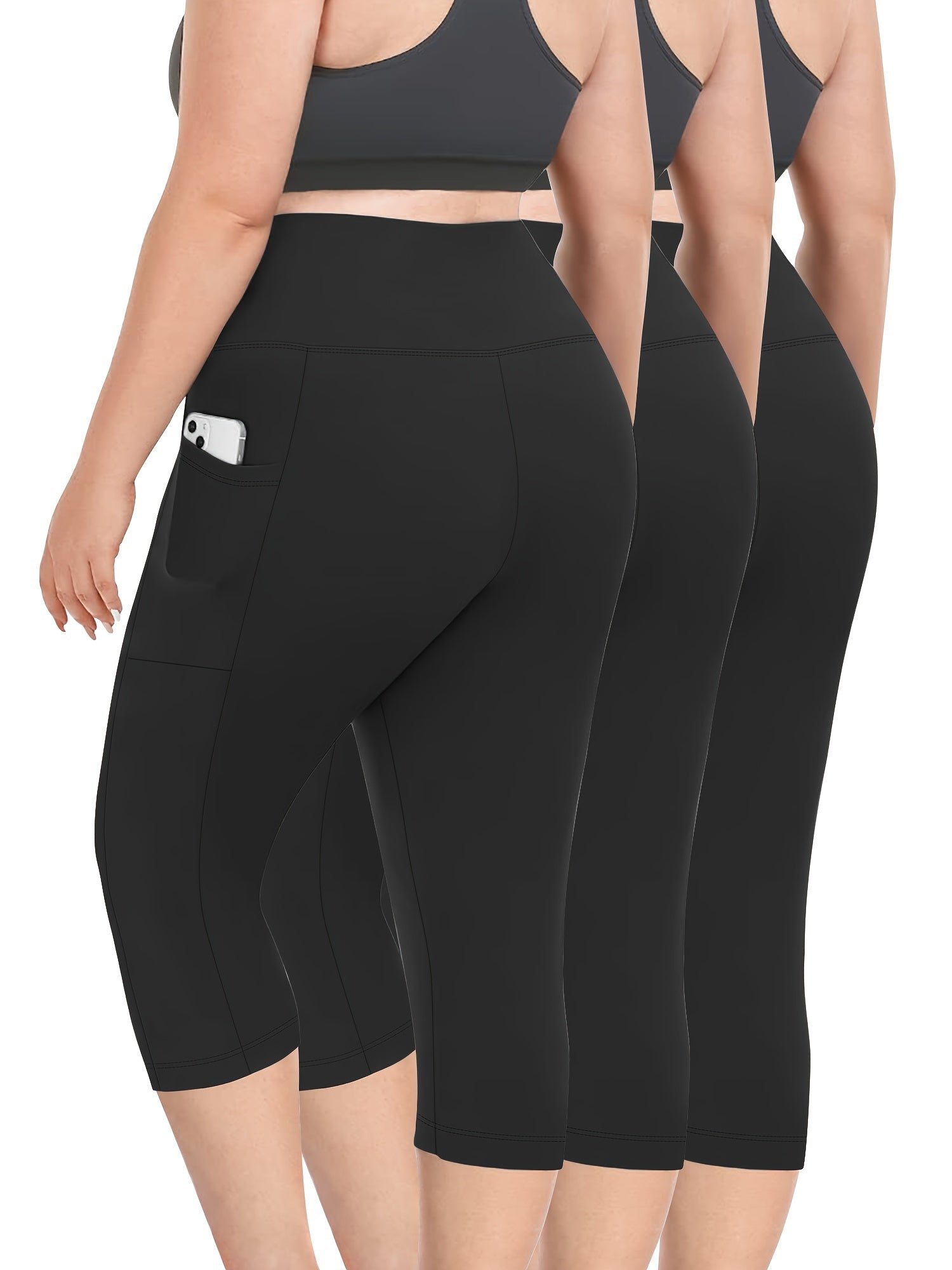 Plus Size Women Capri Leggings 3 Pack Tummy Control High Waist Pockets