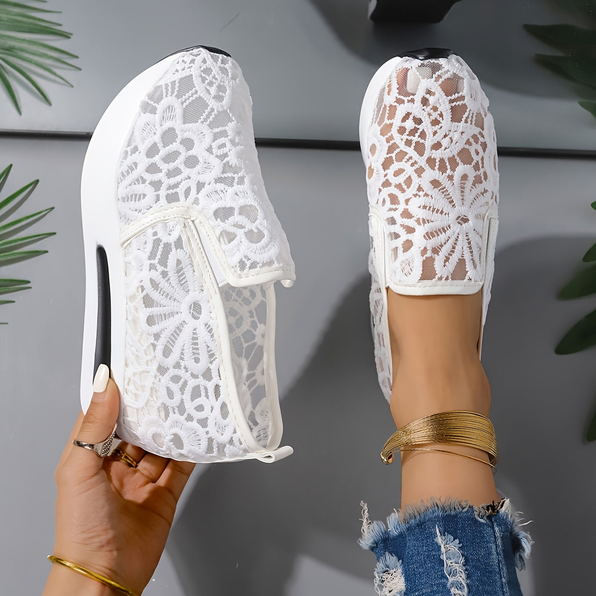 Zapatillas slip-on con bordado floral para mujer, transpirables, de malla, zapatos casuales